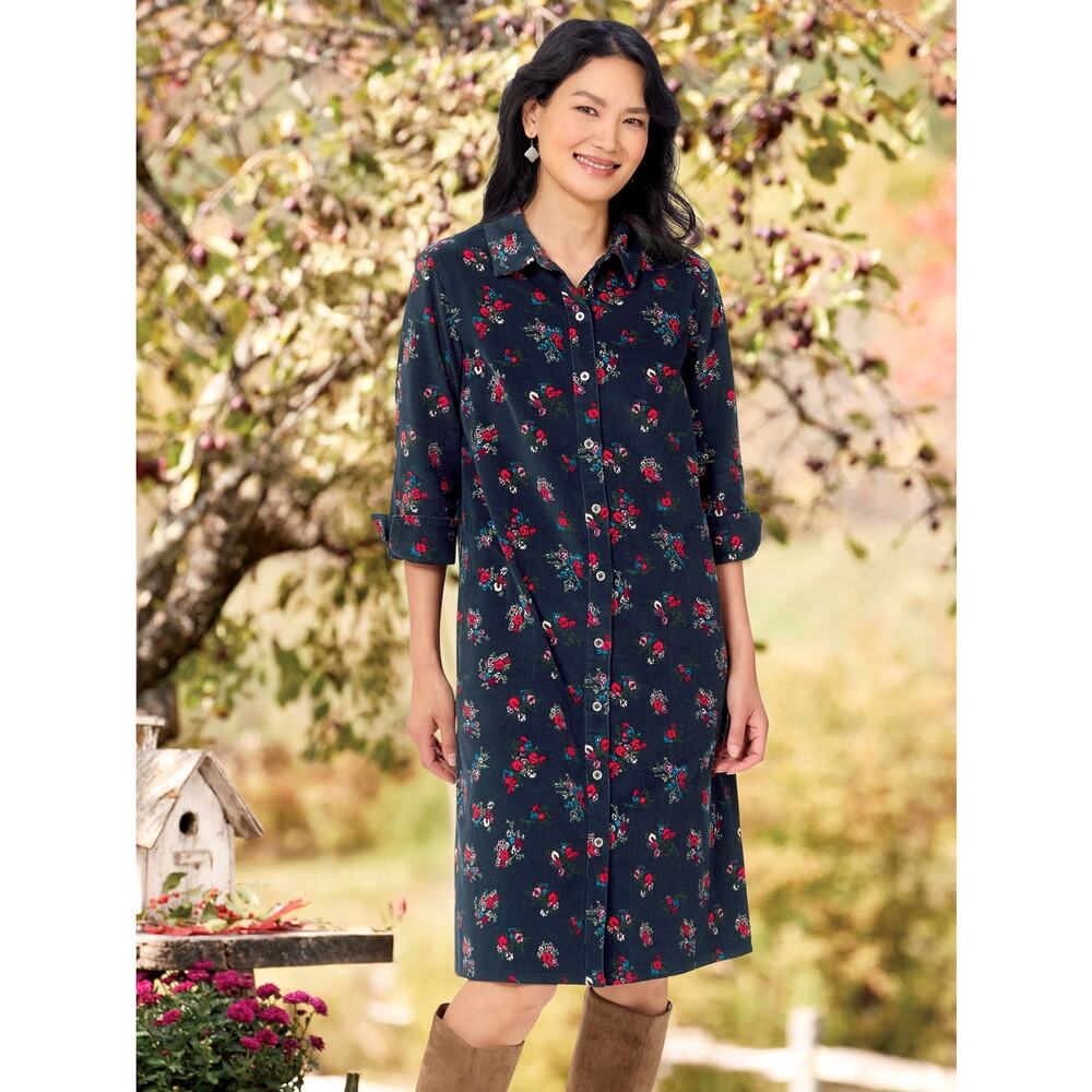 The‎ Vermont Country Store Shirt Dress LP Casual Corduroy Dark Floral TradMom
